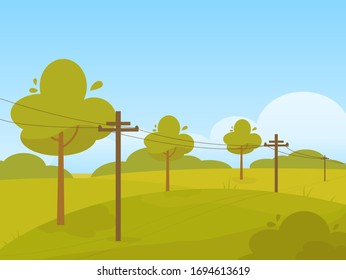 Vektorillustration Illustration einer schönen Landschaft von Sommerfeldern mit Morgengrauen, grünen Hügeln, hellblauen Himmel.