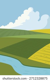 Ilustración vectorial de un hermoso paisaje, campos verdes de verano, ríos y colinas. Paisaje de Vertical natural para el diseño. 