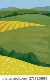 Vector illustration of a beautiful landscape, summer green fields and hills. Natural vertical landscape for design. 