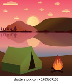 Vector illustration. Beautiful landscape at sunset. On the image there is a tent, mountains, fire and sun. Can be used as a banner, poster, postcard.