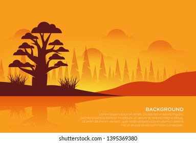 Vector illustration of beautiful landscape view. Mountains and forest, morning background. Sunrise and sunset in mountains