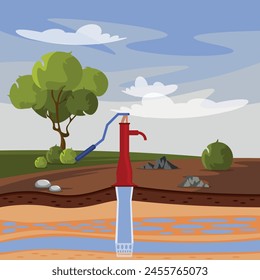 Vector illustration of a beautiful landscape with a well. Cartoon scene of a landscape with a well from the depths of the earth's layers extracting water,a sky with clouds,a tree,a bush,a road,stones.