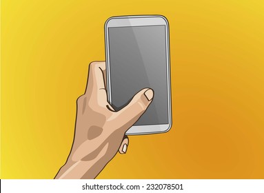 Vector illustration - Beautiful Left hands Handle on a smart phone in outline version. Created with adobe illustrator. smart phone, background, are Created separately.