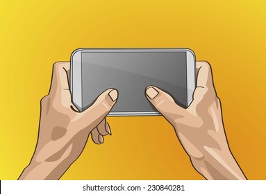 Vector illustration - Beautiful Left&Right hands Handle on a smart phone in outline version. 