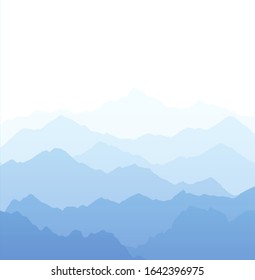 Vector illustration of beautiful light blue mountain landscape with fog - Sunrise dawn and sunset in mountains