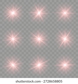 Vektorgrafik. Schöne Lichtreflexionen. Rote Linsenfackel, leuchtender Stern mit Strahlen, glänzender Blitzfunken, helle kosmische Explosion. Reflexionen mit rotem Licht, Neonbeleuchtung in roten Farben.