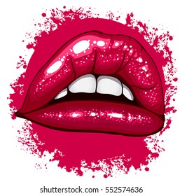 vector illustration of beautiful lips with pink lip gloss on a background of pink spray