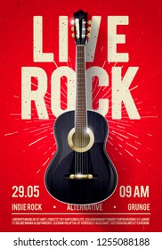 Ilustración vectorial Hermosa plantilla de afiche de música rock clásico en vivo. Promoción de conciertos en clubes, bares, bares y lugares públicos. Música temática mural con letras frescas y guitarra clásica