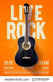 Vector Illustration Beautiful Live Classic Rock Music Poster template. For Concert Promotion in Clubs, Bars, Pubs and Public Places. Music Themed Wall Art with Cool Lettering and Classical Guitar