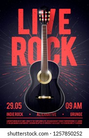 Ilustración vectorial Hermosa plantilla de afiche de música rock clásico en vivo. Promoción de conciertos en clubes, bares, bares y lugares públicos. Música temática mural con letras frescas y guitarra clásica