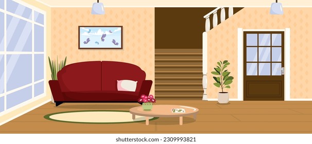 Vector illustration of a beautiful living room interior. Cartoon scene of a living room with a window, a sofa, a pillow, a picture, a round table, vases and a staircase to the second floor.