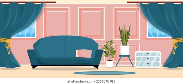 Ilustración vectorial de un hermoso salón con un interior elegante. Habitación lujosa de dibujos animados con sofá, almohadas mullidas, mesita de noche, jarrones, cornés con cortinas, ventanas, moqueta.