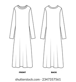Vector illustration of a beautiful long dress in white. Outline drawing of women's long sleeve dress, vector. Fashion dress template in casual style front and back view.