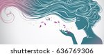 Vector illustration with beautiful  long hair girl blows away flower petals from her palm. Design concept for beauty salons, spa, cosmetics, fashion and beauty industry. 