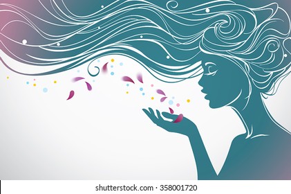 Vector illustration with beautiful  long hair girl blows away flower petals from her palm. Design concept for beauty salons, spa, cosmetics, fashion and beauty industry.