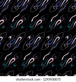 Vector illustration of beautiful lunar twilight with colourful bright  clouds resembling dragon tails  glowing against black night  sky. 