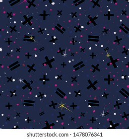 Vector illustration of beautiful lunar twilight with colourful glowing stars and stylized math symbols scattered around midnight black sky. Seamless pattern with math and astronomy symbols and element