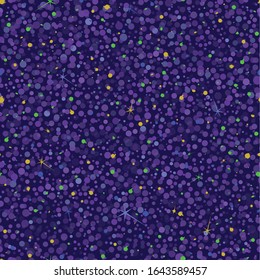Vector illustration of beautiful lunar twilight with colourful glowing stars and circles scattered around midnight sky. Seamless pattern in yellow, green, purple, lilac and blue.