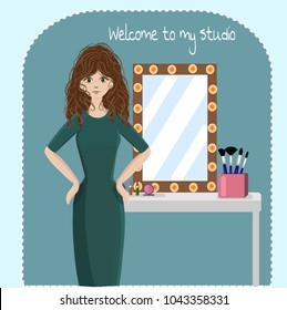 Vector illustration of beautiful make up artist in own studio. Beautiful professional girl in front of make up mirror, brushes and working space.