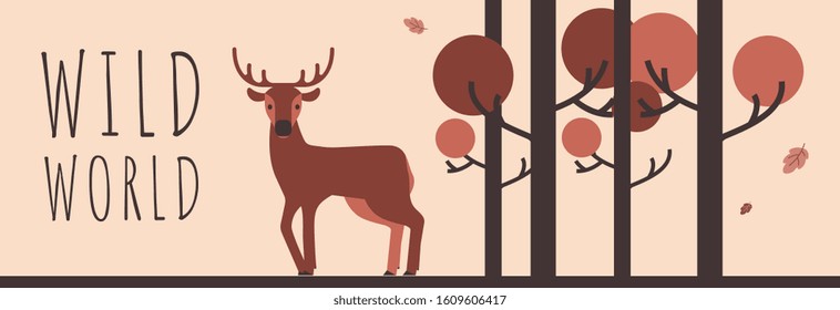 Vector illustration of beautiful male brown deer with horn in autumn forest on light background. Flat style design of animal deer with tree for web, site, banner, poster