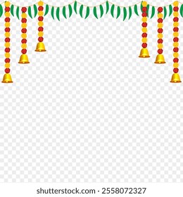 Vector illustration of beautiful marigold flower garland with bells and leaves on transparent background