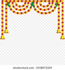 Vector illustration of beautiful marigold flower garland with bells and leaves on transparent background