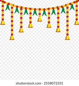 Vector illustration of beautiful marigold flower garland with bells and leaves on transparent background