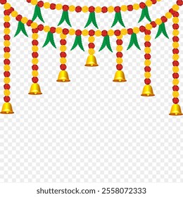 Vector illustration of beautiful marigold flower garland with bells and leaves on transparent background