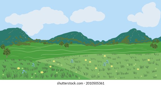 Vector illustration of beautiful meadow meadow and hills.Cuntrryside background.Isolated elements