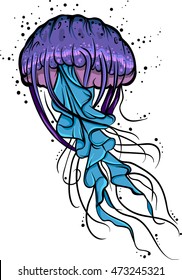 Vector illustration with beautiful medusa on white background. Purple jellyfish on white background.  