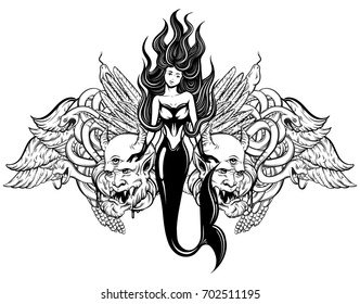 Vector illustration of beautiful mermaid with faces, wings and snakes made in realistic hand drawn sketch line stile. Template for postcard poster banner sticker badge and print for t-shirt