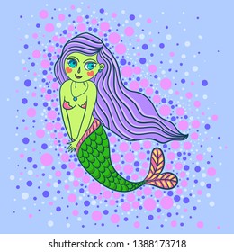 Vector illustration of a beautiful mermaid with long pink hair on a blue background with colorful bubbles in cartoon style