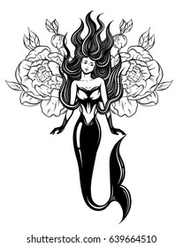 Vector illustration of beautiful mermaid with long hair and flowers  made in realistic hand drawn sketch line style. Template for postcard poster banner sticker badge and print for t-shirt