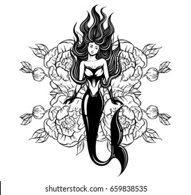 Vector illustration of beautiful mermaid with long hair, and flowers made  in realistic hand drawn sketch line stile. Template for postcard poster banner sticker badge and print for t-shirt