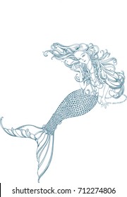 Vector illustration with a beautiful mermaid, with long flowing hair with a pearl necklace. Mermaid graphic icon.