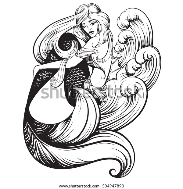 Vector Illustration Beautiful Mermaid Long Hair Stock Vector (Royalty ...