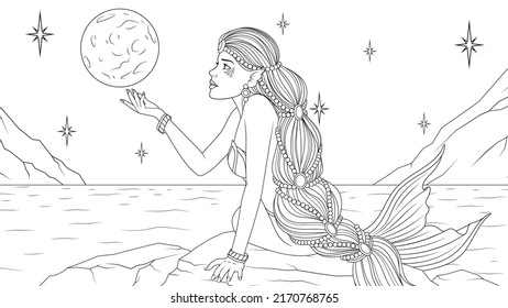 Vector illustration, a beautiful mermaid at night admires the moon on the shore, coloring book