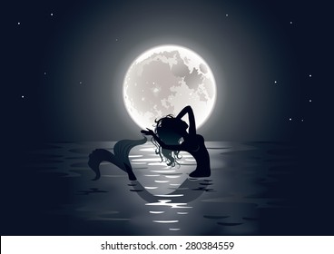 Vector illustration of a beautiful mermaid singing at night