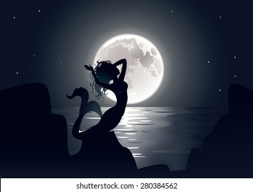 Vector illustration of a beautiful mermaid singing at night