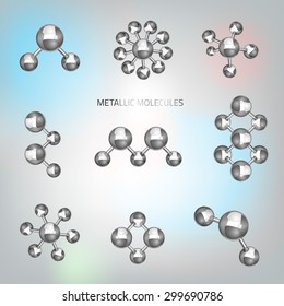 Vector illustration of beautiful metallic molecular objects in realistic style. Graphic logo template. Modern 3d scientific shape in silver tones for hi tech, digital, industrial or technical company.