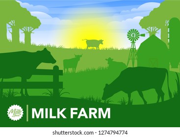 vector illustration of beautiful milk farm, summer fields landscape with a dawn, sun, green hills, blue sky, and animals silhouette. countryside view living concept graphic illustration.