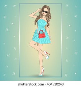 Ilustração vetorial de um modelo bonito em um vestido de coquetel curto azul em um fundo de cartões.