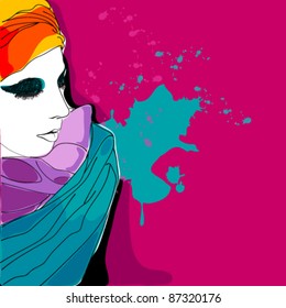 Vector illustration of beautiful modern, grungy, hand drawn style elegant woman portrait
