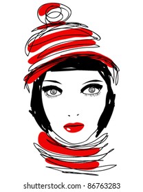 Vector illustration of beautiful modern, hand drawn style elegant winter woman portrait