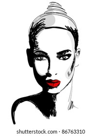 Vector illustration of beautiful modern, hand drawn style elegant woman portrait