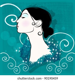Vector illustration of beautiful modern, hand drawn style elegant winter woman portrait