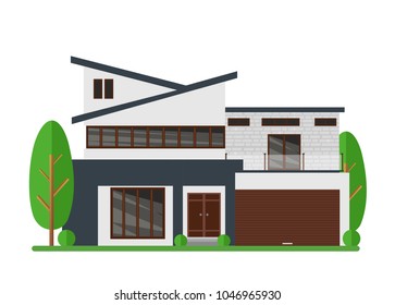 Vector illustration of beautiful modern real estate house. Family dream home. Architect business concept. Facade apartment house, cottage in flat style.