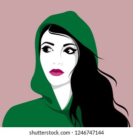 Vector illustration of beautiful modern young woman with long black hair wearing hoodie
