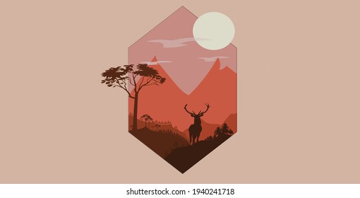 Vector illustration of beautiful Moose ,mountain landscape with a evening sky