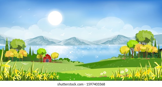 Vector illustration of beautiful morning in spring field landscape with green hills,lake,barn with blue sky and clouds,Flat cartoon style  background for spring and summer banner